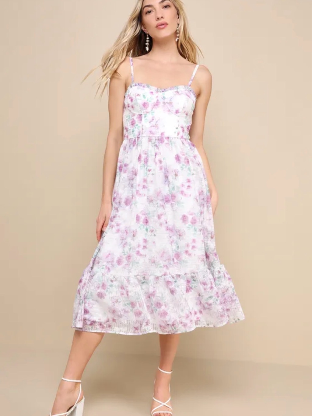 Lulu's White Midi Dress With Lavender Floral Print